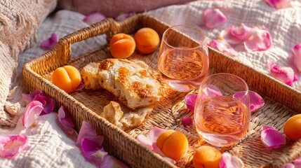 Flat lay of ros&eacute; wine, summer apricots, and focaccia on woven tray with pink petals scattered