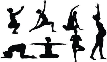 Pregnancy yoga poses silhouette vector illustration prenatal exercises set