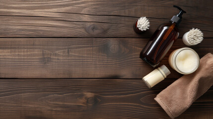 personal hygiene products on brown wooden background, Toiletries and Grooming Kit on Wood Table, Personal Hygiene Supplies Neatly Arranged, Wooden Background with Clean Hygiene Items,