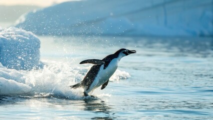 Obraz premium A lively Chinstrap penguin makes a dynamic leap from the icy water onto a snow-covered iceberg, creating a dramatic splash. This vibrant image perfectly captures the energy