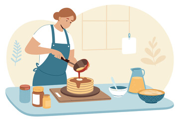 Vector art lo-fi person cooks pancakes, minimalist kitchen. Soft colors, cozy, relaxed vibe, simple shapes.