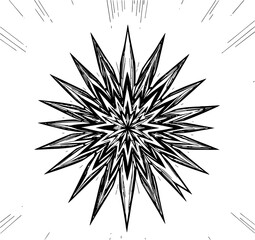 Abstract Starburst: A bold, black and white line art illustration of a radiating starburst, showcasing dynamic lines and textured details.