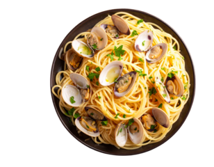  Top-Down View of Spaghetti Alle Vongole with Garlic and Olive Oil on Dark Slate Background