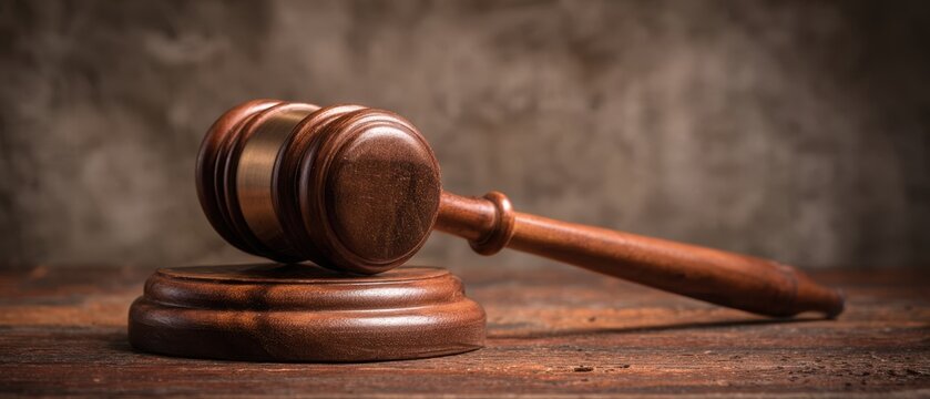 The gavel symbolizing justice and authority in a court of law setting.