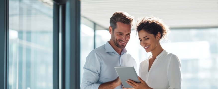 The couple sharing ideas and laughter while using a tablet in a modern office setting.
