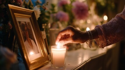 Candle lighting ceremony honoring a loved one in a tranquil setting with flowers and framed memories