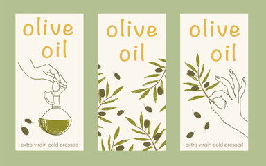 Olive oil label. Hand drawn hand with olive tree branche with leaves and olives, bottle with olive oil . Organic or artisanal product labels, branding, food packaging