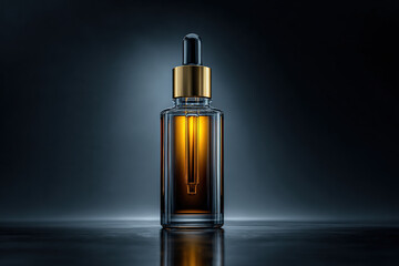 Naklejka premium Realistic serum bottle with sleek design, featuring dropper and golden cap, illuminated against dark background, evokes sense of luxury and elegance
