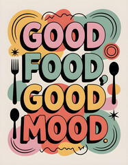Retro kitchen wall art with food utensils and positive message
