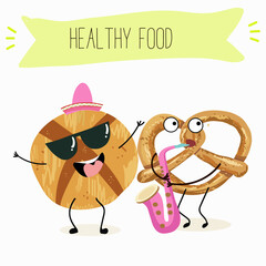 Baked food funny characters, hand drawn vector illustration.