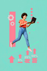 Vertical pop poster banner collage of happy businessman businesswoman stand megaphone graph diagram progress economy concept