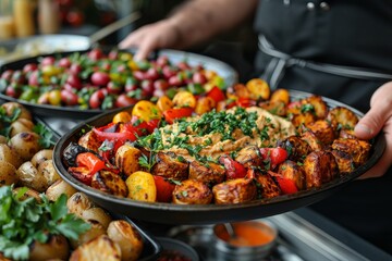 Grilled vegetable platter served at a lively summer outdoor gathering in a vibrant marketplace
