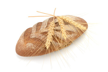 Fresh loaf of bread with wheat ears isolated on white