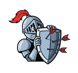 Scared Cartoon Knight Hiding Behind a Shield with Arrows