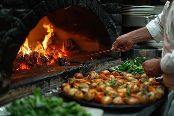 Chef skillfully preparing roasted vegetables in a traditional wood-fired oven during evening service