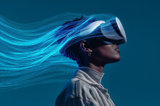 Side profile student with VR headset using AI artificial intelligence technology machine learning. Interactive technology in classroom. Innovation & smart tech. AI blue hologram, virtual education