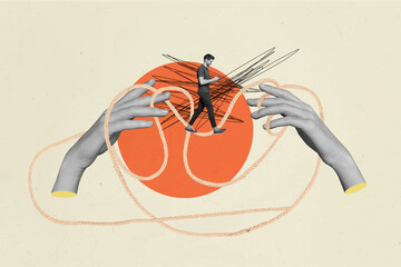 Banner sketch image pop full collage of happy girl guy stand master ribbon hand scribble control...