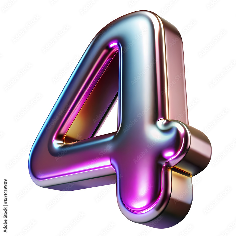 Fototapete iridescent number four 3d render isolated on transparent background for graphic design and decoratio