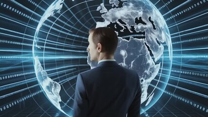 Man stands before world globe interface, showing global data connectivity - Powered by Adobe