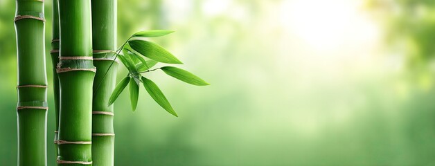 Vibrant bamboo shoots with lush green leaves glowing in sunlight, showcasing nature's beauty in a serene and blurred setting during a peaceful afternoon