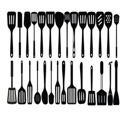 Vector Silhouettes of Cooking Utensils &ndash; Spatulas, Ladles, Slotted Spoons, and Turners on White Background