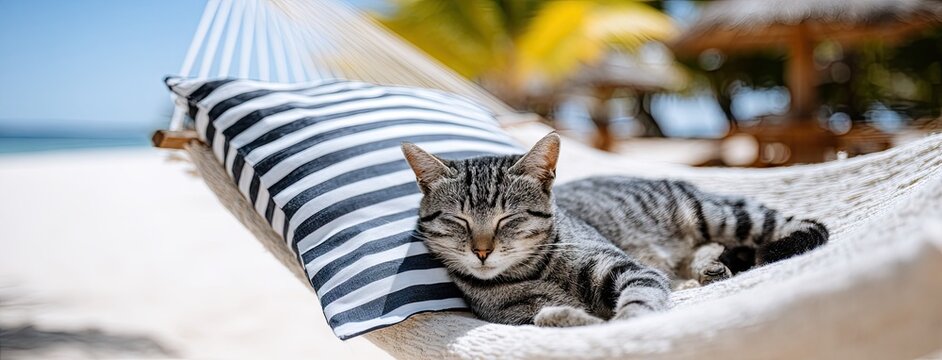Cute cat napping comfortably in a hammock on a sunny tropical beach surrounded by palm trees and white sand in a close-up shot - Powered by Adobe