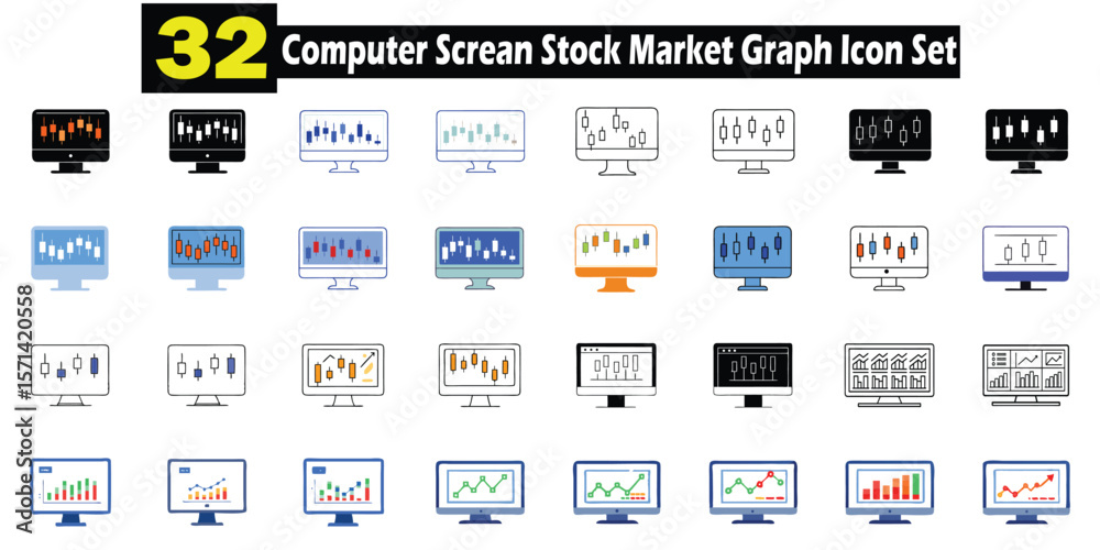 Poster collection of thirty two diverse and informative stock market graph icons displayed on computer moni