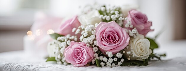 Elegant pastel wedding bouquet featuring peonies, roses, and baby's breath, perfect for a bride's special day, offering a romantic touch against a clean backdrop