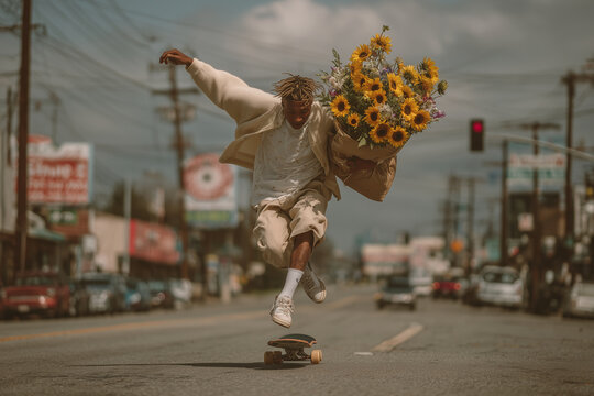 Young skater jumping with sunflowers bouquet in the street