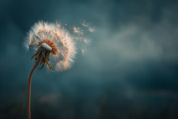 Dandelion seeds blowing in the wind on moody background