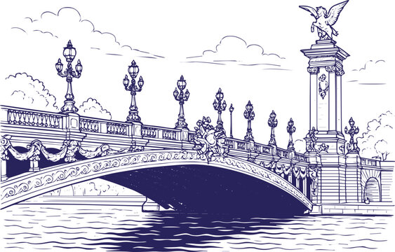 Alexandre III Bridge over Seine River in vintage line art style