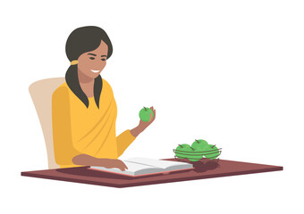 Girl enthusiastically reads an interesting book. Studying and reading fiction. Vector illustration on a white background.