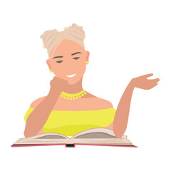 Girl enthusiastically reads an interesting book. Studying and reading fiction. Vector illustration on a white background.