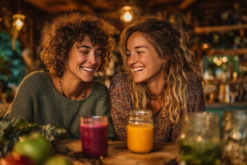 Two smiling women enjoying healthy smoothies at a rustic cafe