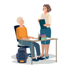 Friendly female teacher talking to a student sitting at the desk. Education and work process. Vector illustration on a white background.