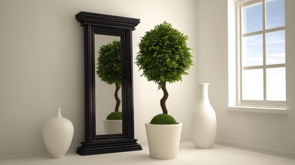 Fototapeta premium Minimalist interior featuring a blank black frame, beige vases, and a white chair, illuminated by natural light through a window