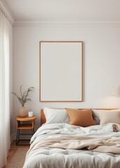 In a soft ambient setting of a cozy bedroom a blank white poster mockup rendered in 3D invites viewers to imagine their creative expression hanging on the wall adding a touch of personal style and war
