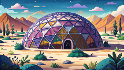 Futuristic dome vector, nature reserve in barren wasteland, sci-fi eco concept, environmental survival, green oasis, desert future, climate change, protected biome, advanced technology