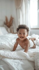 african american baby boy wearing a diaper looking at camera and smiling on white bed at modern bedroom interior. happy childhood and baby care vertical photo.