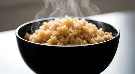 A steaming bowl of cooked rice, showcasing a hot, flavorful dish.