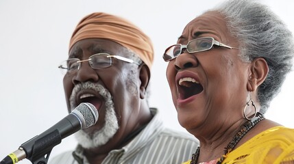 African American Senior couple singing in microphone on stage, elderly man and woman in stylish outfits sunglasses. white background singing a song, joyful expression, music festival, jazz concert.