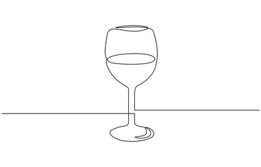 Continuous one line drawing of a glass of wine. Champagne and drinking wine from a glass, Minimalist continuous one line drawing of a wineglass, Wine glass continuous line. Equipment concept.