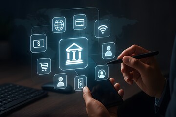 Person using smartphone and pen with glowing digital banking interface showing financial icons and online service symbols in dark workspace