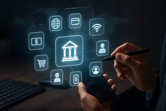 Person using smartphone and pen with glowing digital banking interface showing financial icons and online service symbols in dark workspace - Powered by Adobe