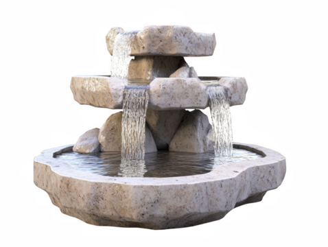 A stylized stone fountain, circular base with ornate carved patterns, gentle crystal-clear water flowing from a small tiered spout