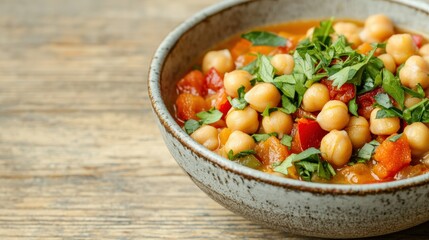Rustic bowl of mediterranean chickpea and vegetable soup, garnished with fresh herbs, sitting on a weathered wooden table