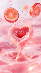 Heart-shaped splash of pink liquid with a strawberry in the center.