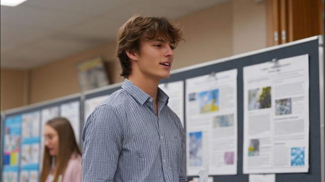 Student presents research findings at a science fair in a school auditorium during the afternoon