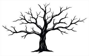 Vector art of a detailed black silhouette of a bare tree. Ideal for use in seasonal designs, Halloween themes, nature-inspired artwork, environmental posters, book covers, educational materials, decor