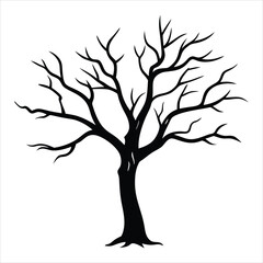 A stark black silhouette of a bare tree. Ideal for use in seasonal designs, Halloween themes, nature-inspired artwork, environmental posters, book covers, educational materials, decorative prints